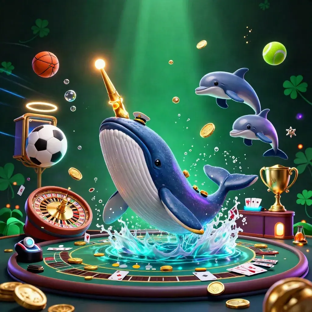Whale captain, narwhal and dolphins amid coins, sports balls, roulette wheel and casino glow.