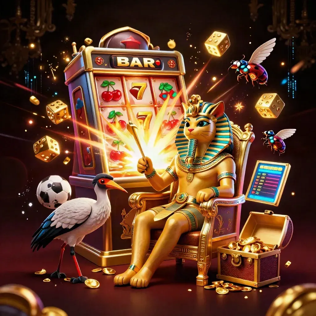 Pharaoh cat, ibis scribe, scarabs, slot burst, balls, gold, and neon casino chaos.