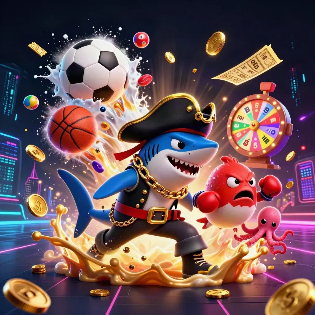 Shark pirate, pufferfish boxer and baby octopus amid flying sports balls and casino sparks.