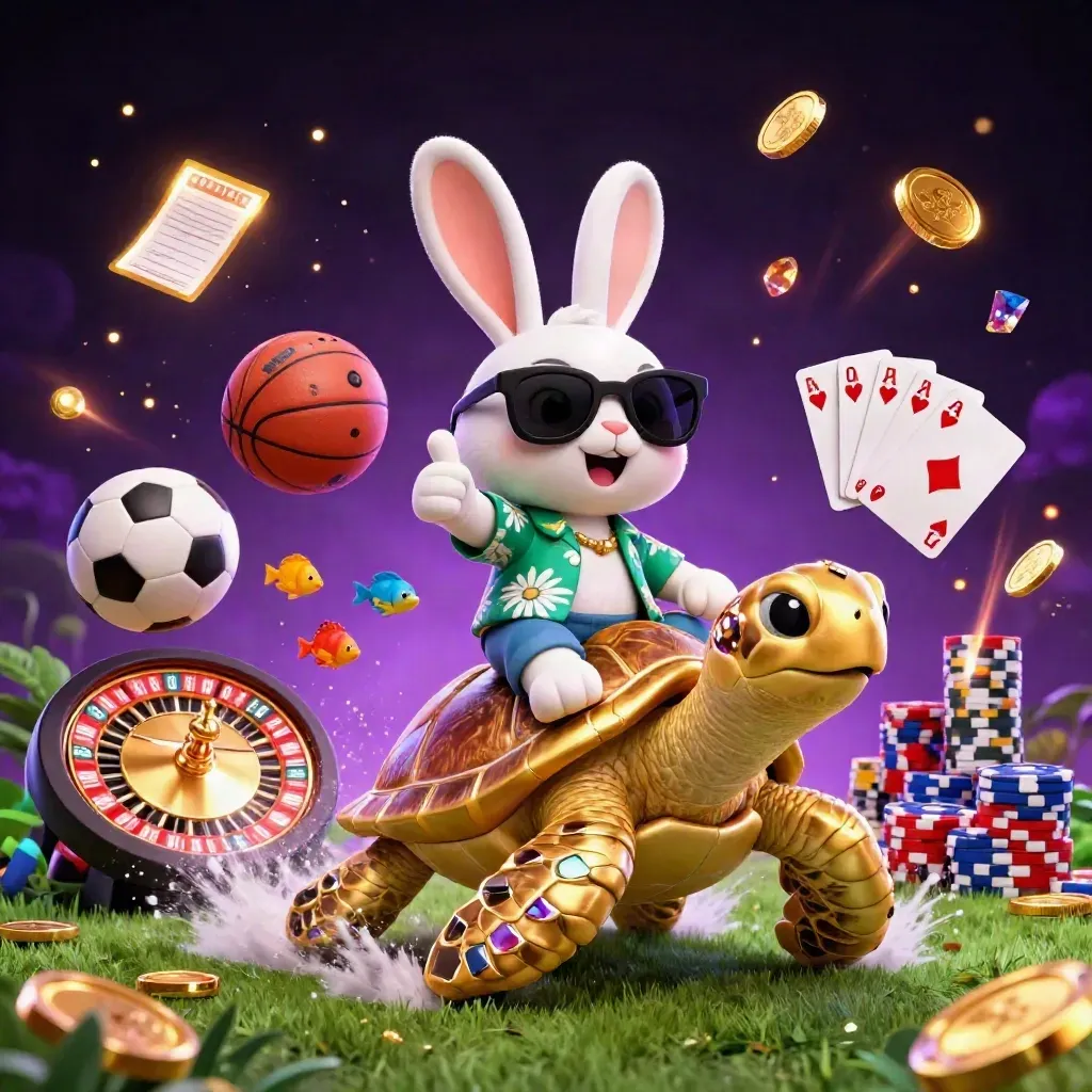 Rabbit rides a golden turtle amid casino chips, coins, balls, and glowing lights