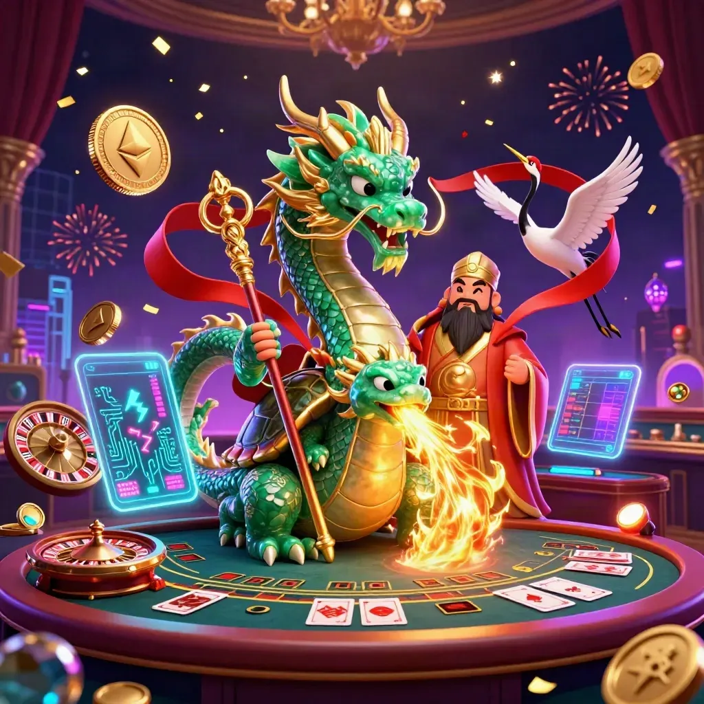 Emerald dragon, turtle sage, cranes, and casino symbols in a luxe neon fantasy scene.