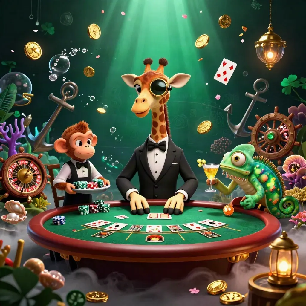 High-roller giraffe, monkey valet, and chameleon bartender in a glowing casino treasure cove.