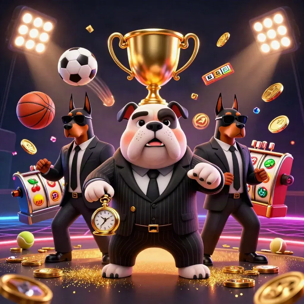 Bulldog boss and Dobermans amid coins, trophy, sports balls, neon grid, and casino glow.
