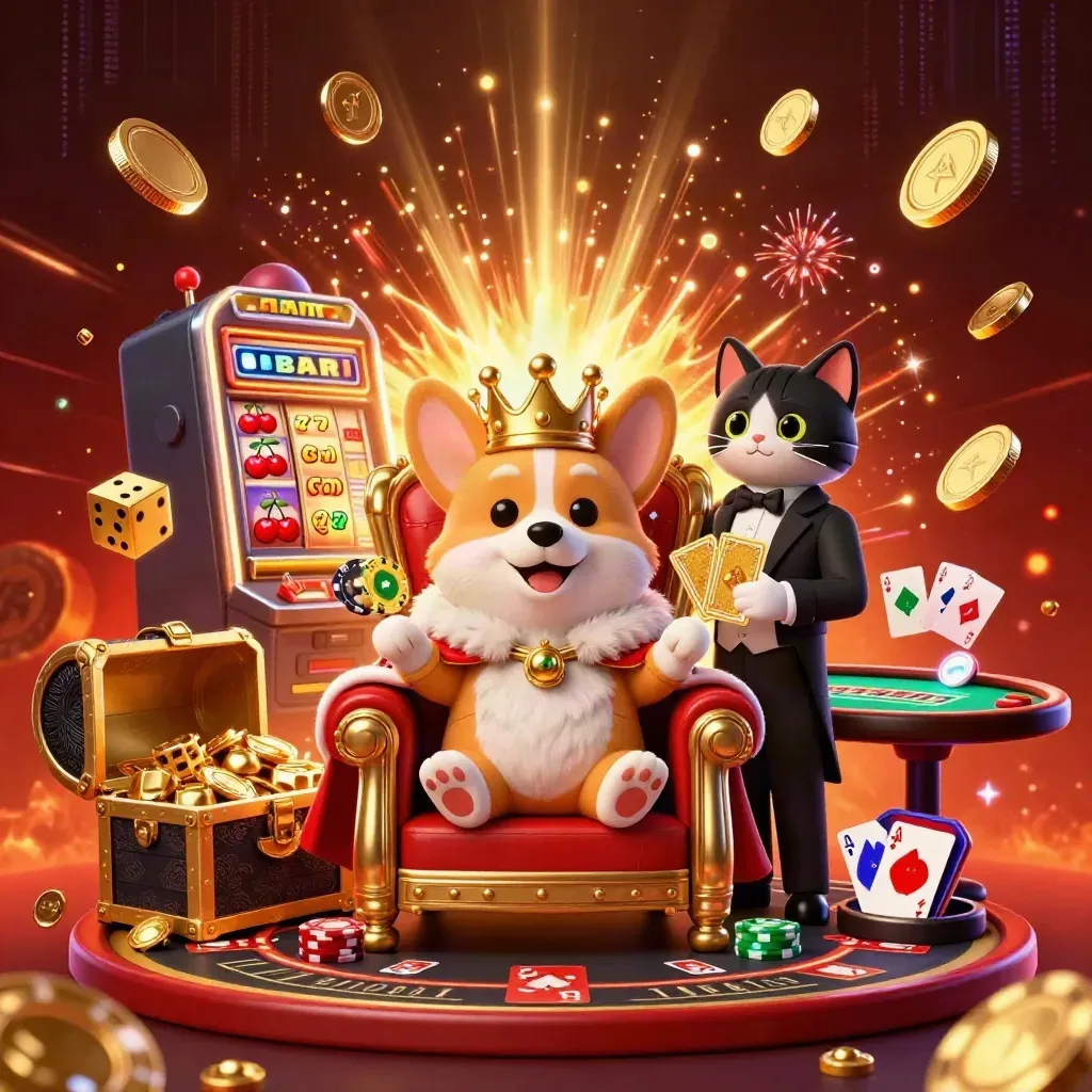 Royal corgi king and cat butler amid jackpots, coins, and casino sparks.