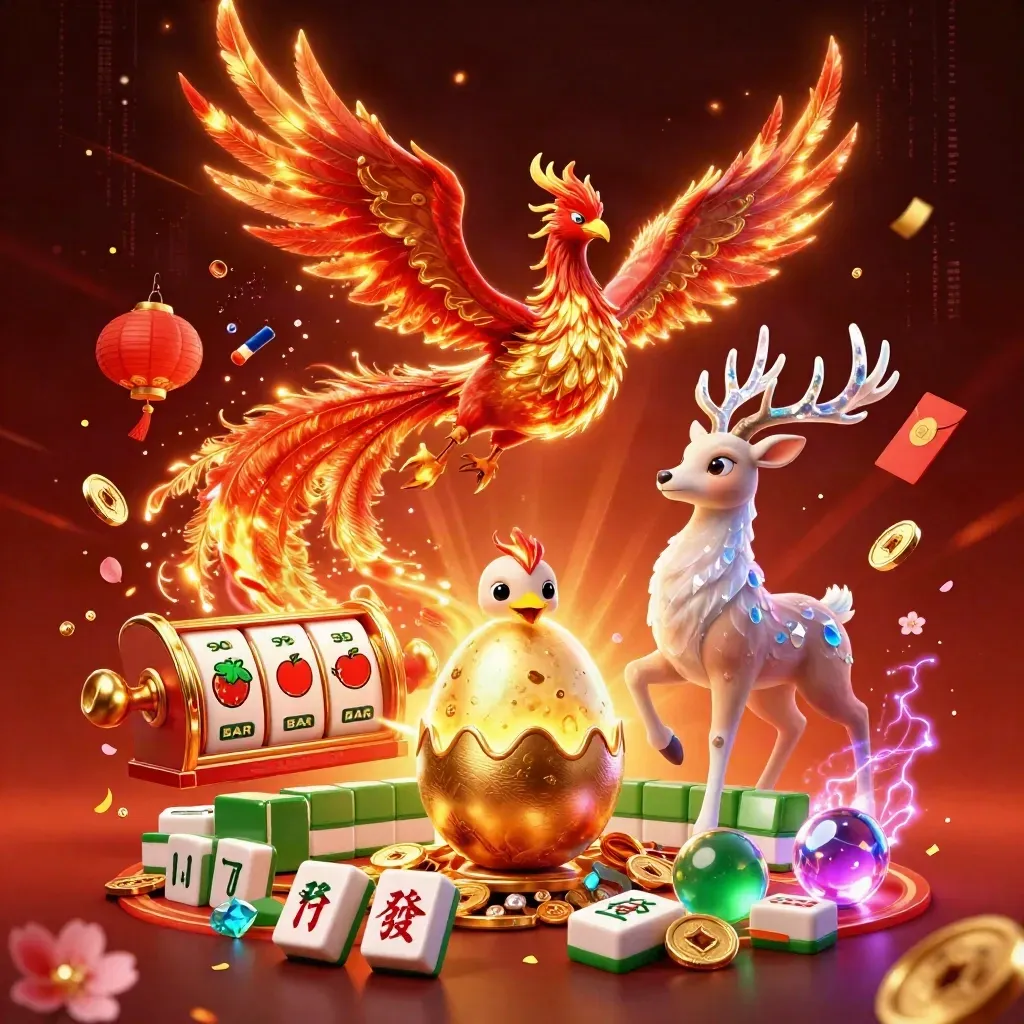 Phoenix, hatching baby phoenix, and crystal stag amid casino treasure, neon sparks, and gold shards.