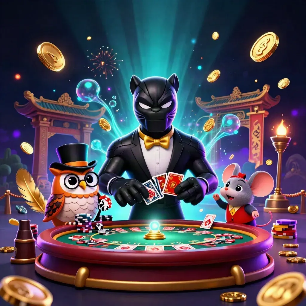 Panther, owl, and mouse amid casino treasure, coins, fireworks, and glowing game props