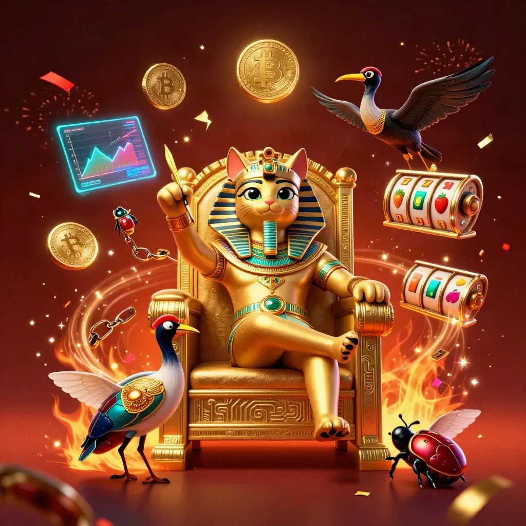 Pharaoh cat, ibis scribe, and gem-wing scarabs amid glowing coins and casino magic.
