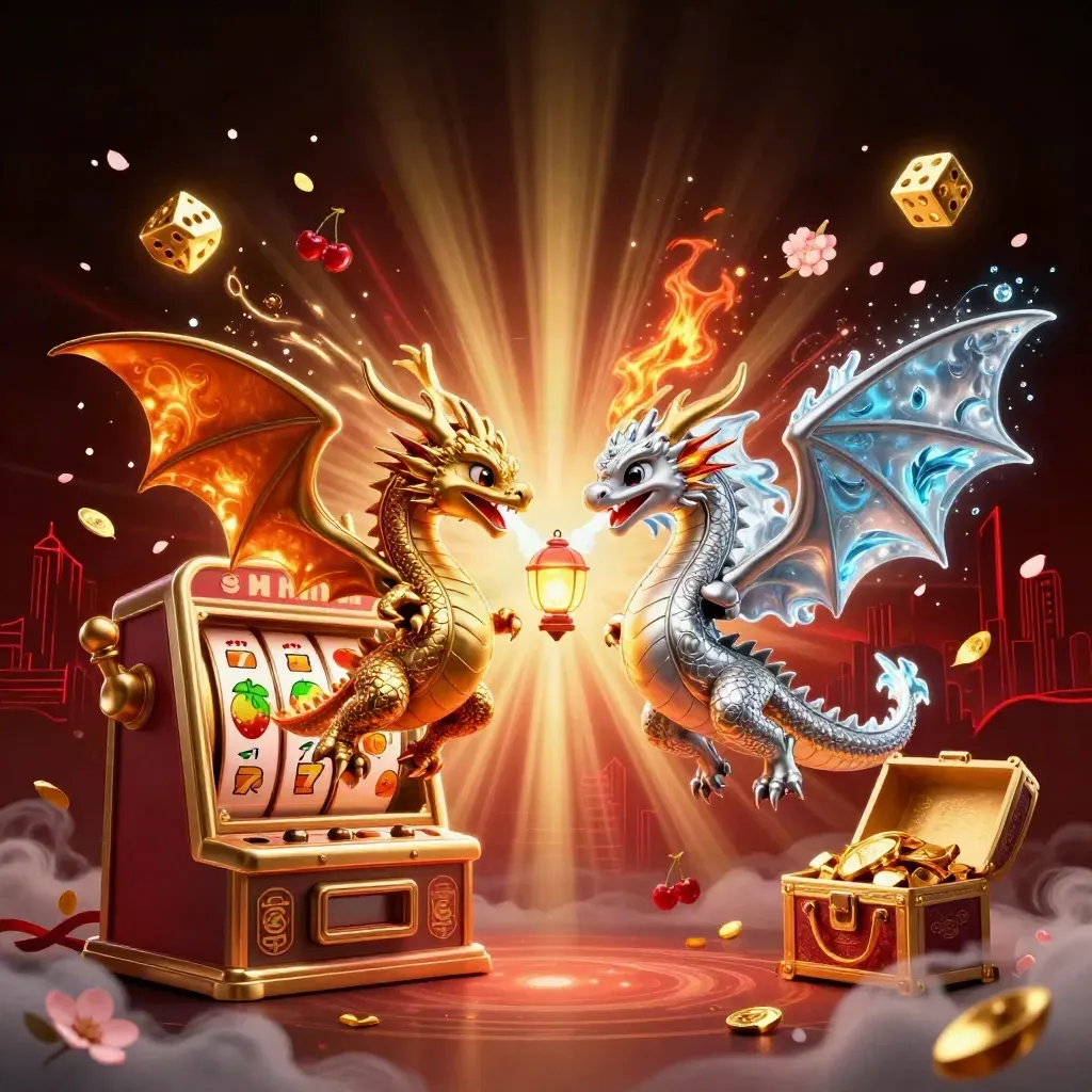 Twin dragons swirl around a bursting slot machine amid gold, red, and emerald casino lights.